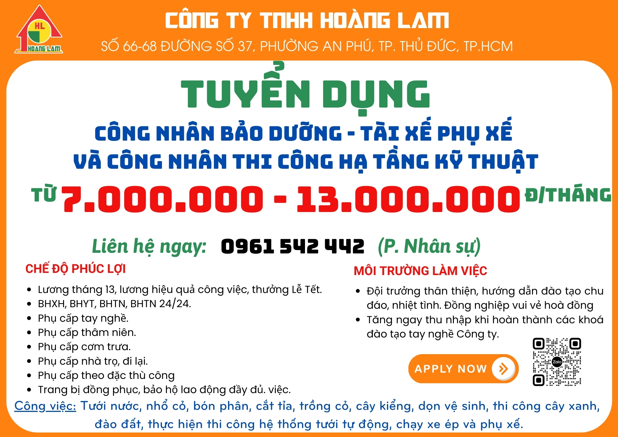 Tuyển dụng công nhân chăm sóc cây xanh, tài xế, phụ xế